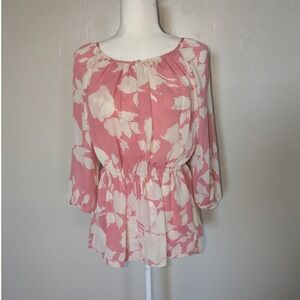 Talbots Size 6 Pink White‎ Floral Sheer Blouse Elastic Waist Tie Back